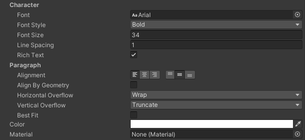 Unity Text Component Inspector Arial Bold Font Size 34